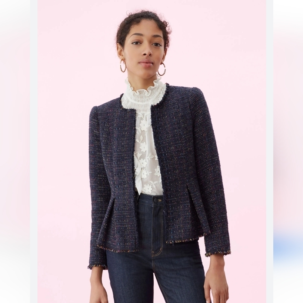 Rebecca Taylor Rainbow Tweed Jacket in Navy. Funfetti. Pleated parts. Size 6.
